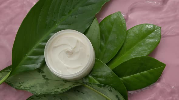 Water Flowing Slow Mo Around Open Jar of Beauty Cream on Green Leaves