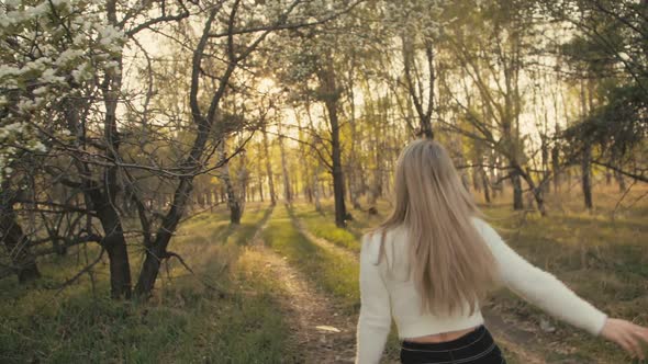 Attractive Young Woman in Sweater, Jeans Is Dance and Spinning Among Blossom Apple Tree. Sunset alt
