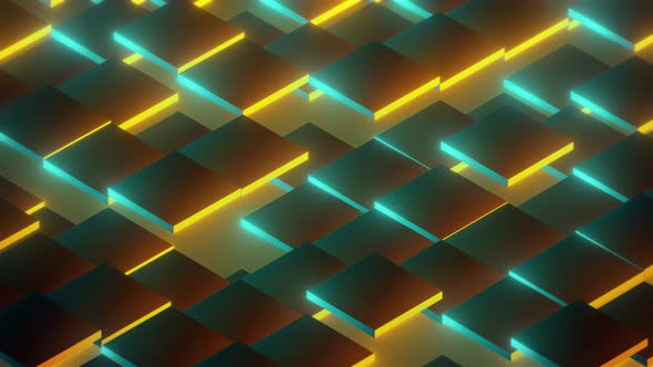 Abstract Looping Animation of Oscillating Glowing Neon Square Shapes.