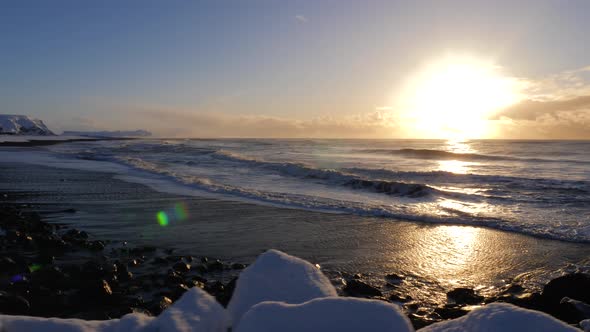 Iceland Winter View Of Ocean Shorline And Black Sand Beach In Vik At Sunrise 1