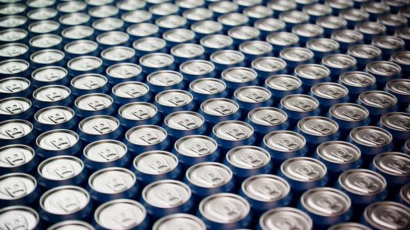 Seamless looping animation of assorted soda cans. Set of many drinks.Aerial view alt