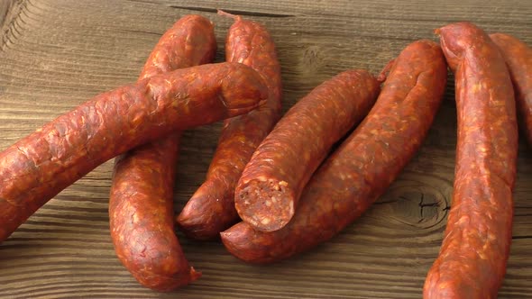 Homemade smoked sausage on a cutting board