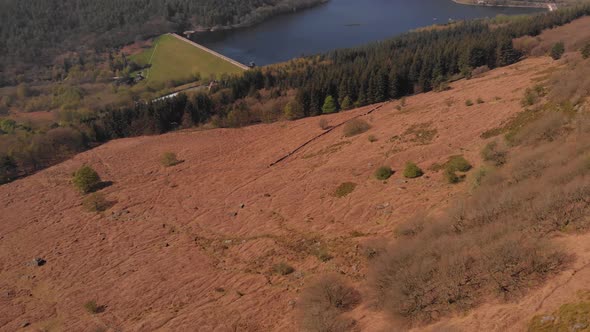 Drone travelling towards Lady Bower Reservoir Whilst panning up revealing Lady Bower Reservoir from alt