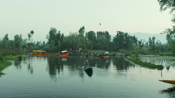 Aerial view of group of typical home in the middle of the swamp, Srinagar. alt