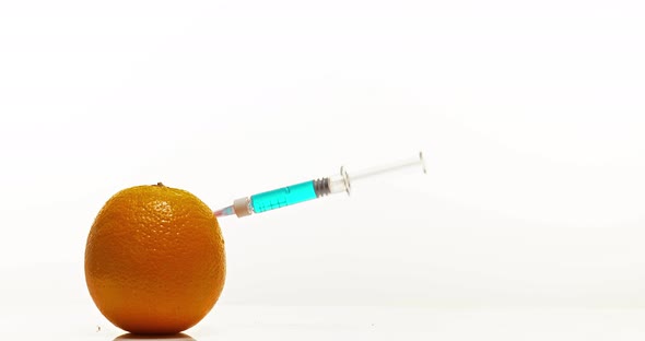 Syringe injecting Treatment into Orange, citrus sinensis, Fruit against White Background