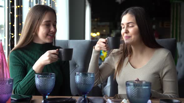 Two Friends Drink Coffee in a Restaurant and Have Fun