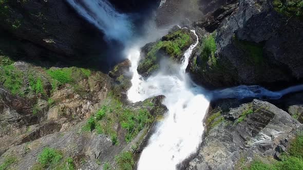 Breathtaking top-down aerial view of Voringfossen waterfall in Norway. alt