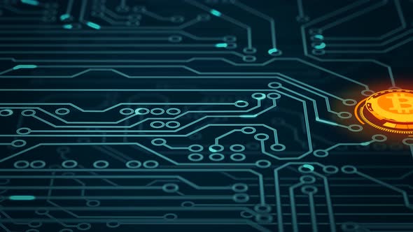 Circuit board with bitcoin sign and data transfer. Digital, virtual money alt