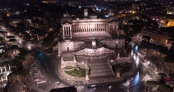 Aerial time lapse of Vittoriano, famous landmark in Rome, Italy