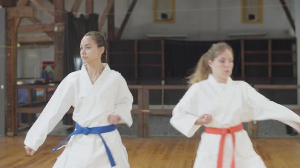 Front View of Focused Martial Artsists Lunging to Sides in Gym alt