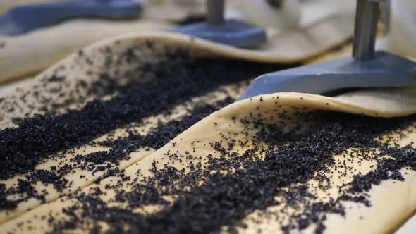 Making a Puff on the Conveyor Belt. A Modern Factory Production The Sliced Dough Belt Moves Along alt