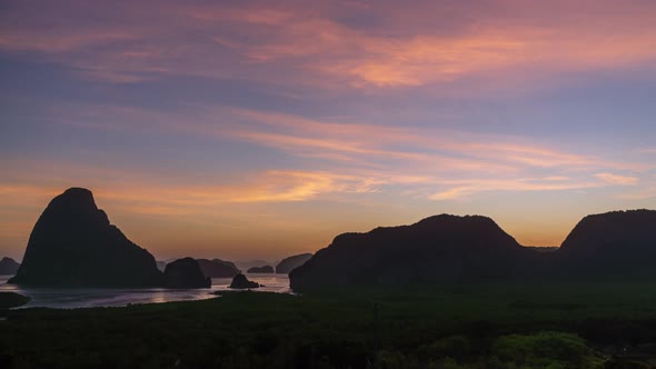 Beautiful Samet Nangshe viewpoint over Phnag-nga Bay during sunrise, Thailand - Time Lapse