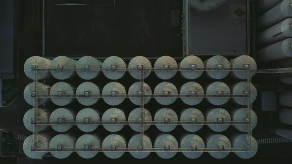 Aerial View of a Drone Flying Over the Beer Production Plant Several Rows of Tanks