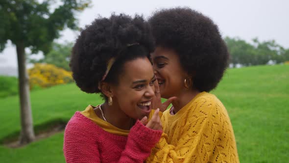 Two mixed race women whispering in park alt