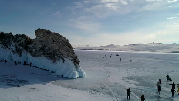Aerial View on the Rocky Ice Covered Island in Lake Baikal alt