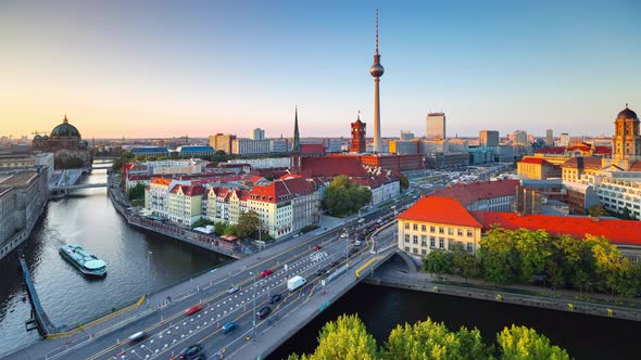 Day Time Lapse of Berlin cityscape with spree river and tv tower, Berlin, Germany