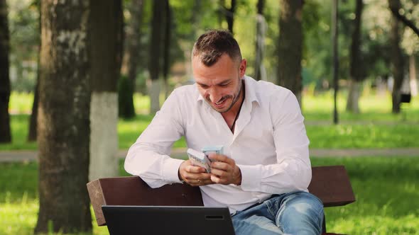 Handsome White Collar Man Earns Online Profit Counts Money alt