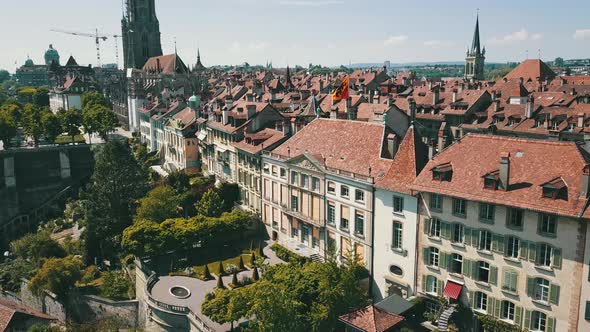 Aerial Footage Over the City of Bern  Above the Roofs