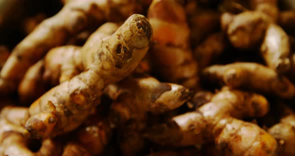 Close-up of ginger in basket at supermarket 4k alt