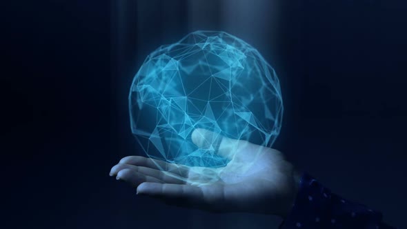Blue Hologram Magic Sphere Rotating In Woman Hands alt