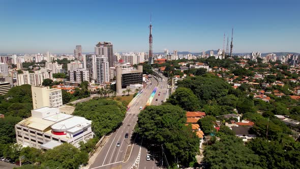 Panning winde of colorful Sumare Bridge at downtown Sao Paulo Brazil. alt