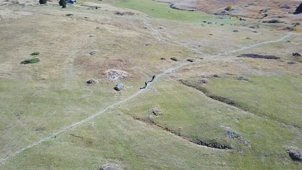Aerial drone view of a mountain biker on a singletrack trail alt