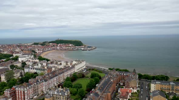 Aerial drone footage of the town centre of Scarborough in the UK alt