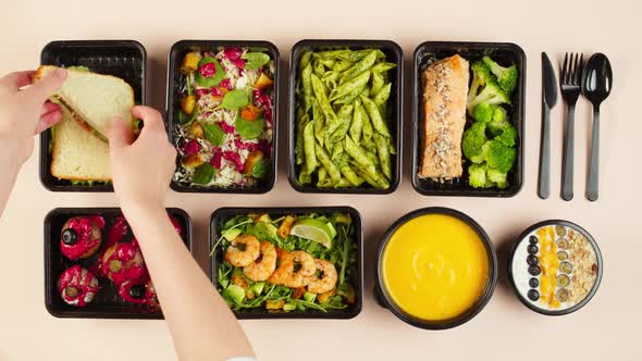 Food Delivery Top View Take Away Meals in Disposable Containers alt