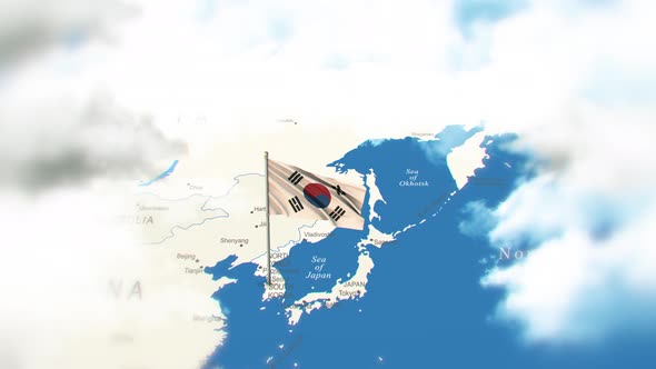 South Korea Map And Flag With Clouds