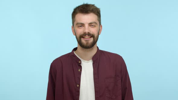 Slow Motion of Attractive Guy with Beard Smiling Pleased Nod and Looking Happy Understand and Agree