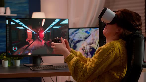 Player Wearing Virtual Reality Headset Holding Wireless Controller alt