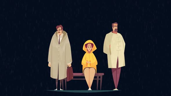 3 people are standing in the rain tag