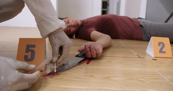 Forensic Technician Taking DNA Sample From Blood, Crime Scene alt