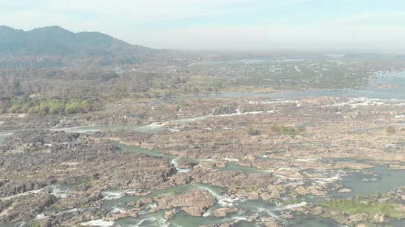 Aerial: flying over Don Det and the 4000 islands Mekong River in Laos alt