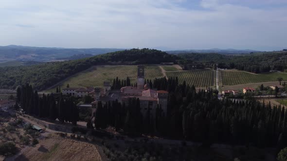 Round movement with a Drone of Badia a Passignano in the Tuscan countryside