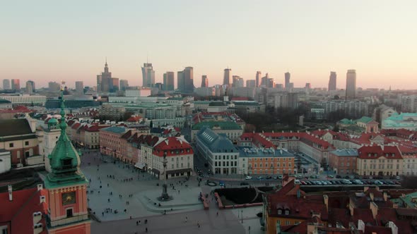 Establishing Aerial Panorama of Warsaw Cityscape Poland