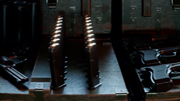 Military boxes are full of ammunition. Illegal weapon. Concept of arms smuggling alt