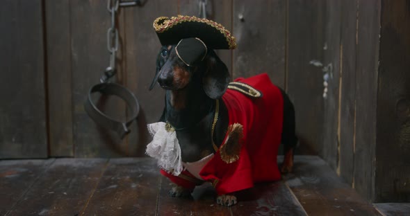 Funny Dachshund Dressed in Pirates Outfit in Wooden Cabin alt