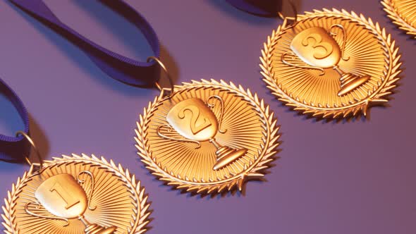 Set of top three awards for winners. Medals on a purple background. First prizes alt