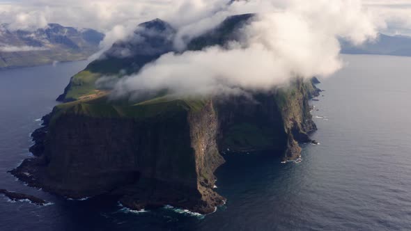 Drone Of Kallur Lighthouse On Cliff Edge On Kalsoy Island alt