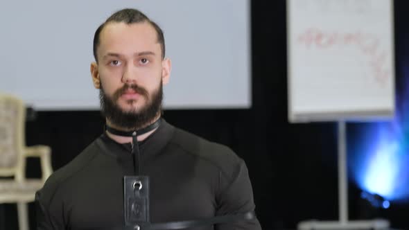 Bearded Male Model Walks Down Fashion Podium Runway Trendy Men Vogue Catwalk alt