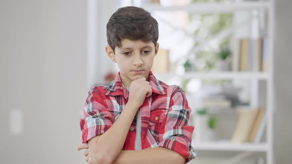 Middle Shot of Concentrated Middle Eastern Boy Thinking and Making I Got an Idea Gesture Standing alt