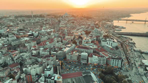 aerial shot of istanbul at sunset