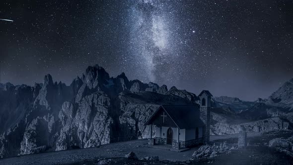 Milky wa over small chapel in Dolomites, Italy alt