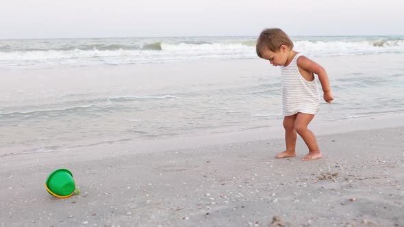 Kid Collects Shells and Pebbles in the Sea on a Sandy Bottom Under the Summer Sun on a Vacation alt