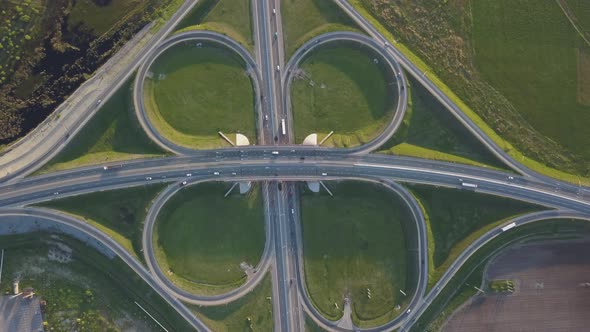 Summer Aerial Footage of Transport Junction, Traffic Cross Road Junction Day View From Above