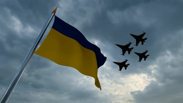 Waving Ukrainian Flag and Group of Warplanes alt