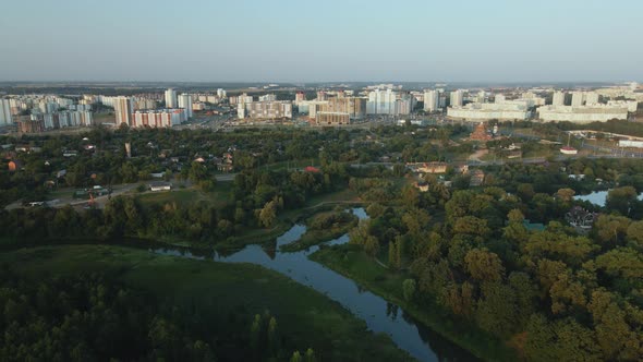 Winding River In The City Park. City Park At Dawn. Aerial Photography.
