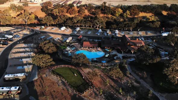 Aerial fly over in an rv park of a dog park with dogs panning to the pool clubhouse at sunset. alt