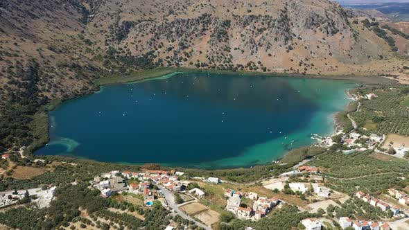 Aerial Drone Panoramic Video of Famous Natural Lake of Kournas with Amazing Colours and Unique